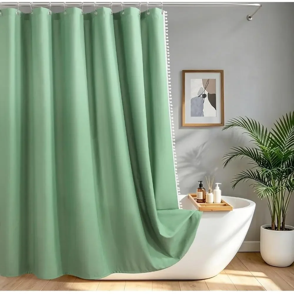 Boho Green Pom Pom Shower Curtain 72